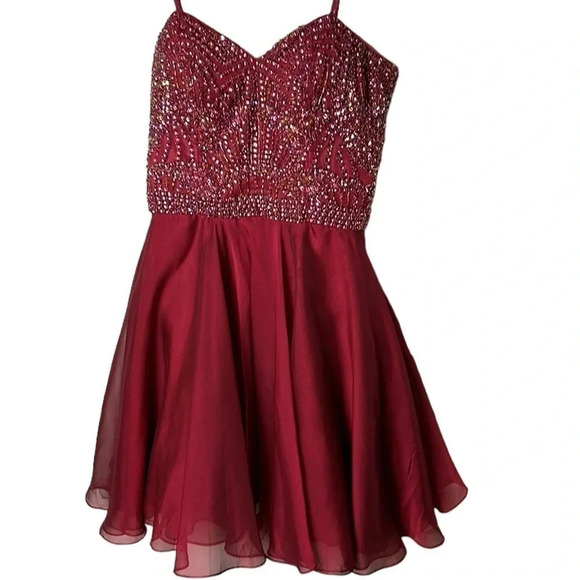 SHERRI HILL corset strapless flounce skater dress,rhinestones fit&flare,glam,red - Picture 15 of 16